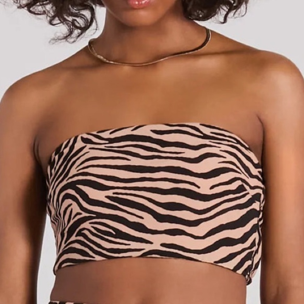 On The Prowl Strapless Zebra Crop Top